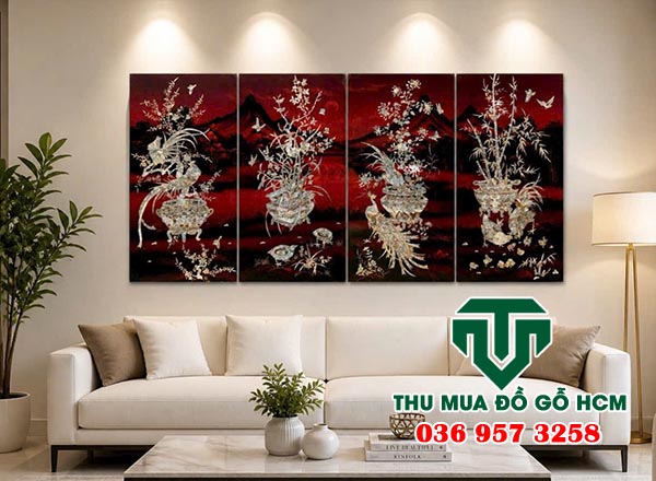 Thu mua bức tranh sơn mài 4 tấm ghép lại 